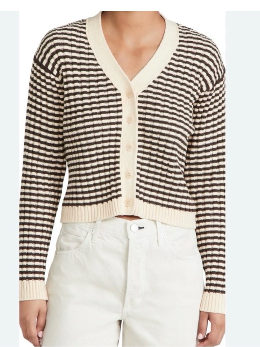 THE GREAT. Cropped Striped V-Neck Cardigan - Cream & Brown